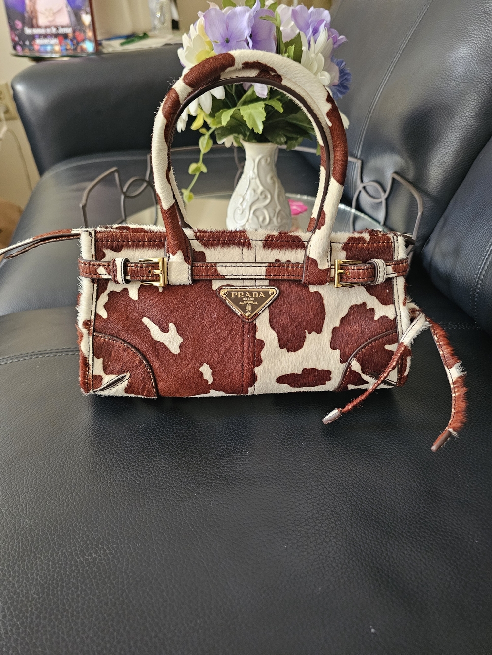 Prada Brown & White Cowprint Mini Satchel Bag